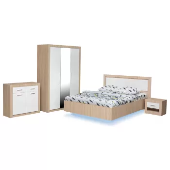 Set dormitor OSLO, 5 piese, pat 160x200 cm cu banda led, dulap 3 usi, comoda, 2 noptiere, kiruna + alb lucios 73ef imagine