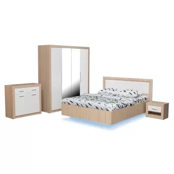 Set dormitor OSLO, 5 piese, pat 160x200 cm cu banda led, dulap 4 usi, comoda, 2 noptiere, kiruna + alb lucios af1f imagine