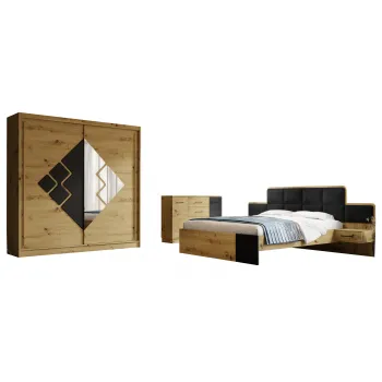 Set dormitor SNAKE, 3 piese, pat 160x200 cm cu noptiere, dulap usi glisante, comoda, artisan + negru 7c4d imagine