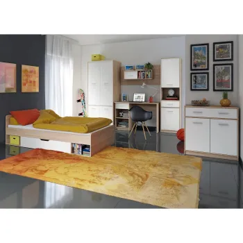 Set dormitor TIPS, 6 piese, pat 90x200 cm, dulap 4 usi, biblioteca, birou, comoda, raft, stejar sonoma + alb ff1b imagine