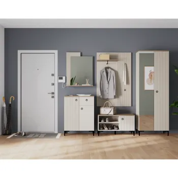 Set hol DOMINICA, 5 piese, dulap 2 usi cu oglinda, comoda, pantofar, cuier, oglinda, taupe + stejar silverjack, 225x41x199 cm aeb0 imagine
