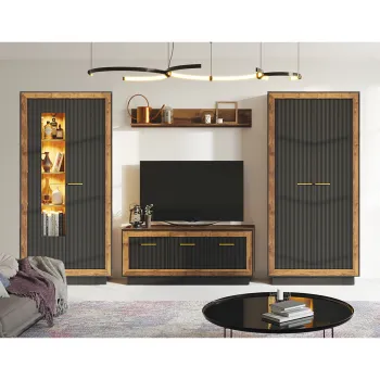 Set Living FOX, 4 corpuri, cu lumini LED, dulap FOX1, vitrina FOX2, comoda FOX4, etajera FOX6, corp eger, fronturi MDF eger + negru d45a imagine
