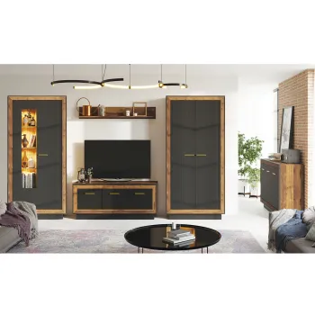 Set Living FOX, 5 corpuri, cu lumini LED, dulap FOX1, vitrina FOX2, comoda FOX4, etajera FOX6, comoda FOX12, corp eger, fronturi MDF eger + negru 309c imagine