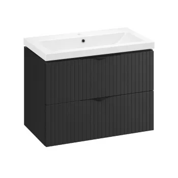 Set dulap baie negru mat, suspendat 2 sertare lavoar inclus, 80 cm, riflaje 3D, Cersanit Tirsonegru df7c imagine