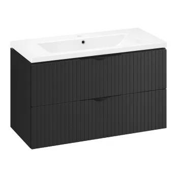 Set dulap baie suspendat 2 sertare lavoar inclus, 100 cm, riflaje 3D negru mat, Cersanit Tirso ed9f imagine