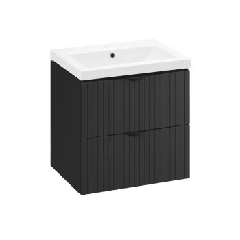 Set dulap baie suspendat 2 sertare lavoar inclus, 60 cm, riflaje 3D negru mat, Cersanit Tirso 352e imagine