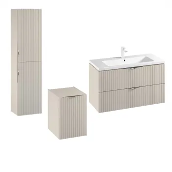 Set dulap baie suspendat 2 sertare si lavoar inclus 100 cm, dulap baie suspendat si dulap baie tip coloana, culoare casmir mat, Cersanit Tirso 1981 imagine
