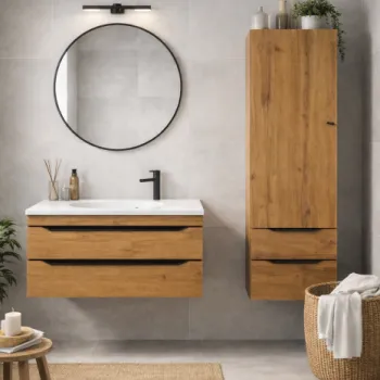 Set mobilier baie complet KolpaSan Malaya stejar natur cu lavoar compozit, dulap suspendat si oglinda 6f97 imagine