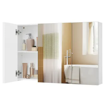 Dulap baie cu oglinda Vasagle, 3 usi si rafturi reglabile, 90x15x60 cm, PAL/sticla, alb 1525 imagine
