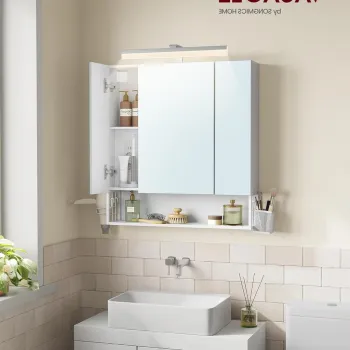 Dulap baie cu oglinda Vasagle, cu prize si USB, 70x16.5x75 cm, PAL/MDF/sticla, alb d4a2 imagine
