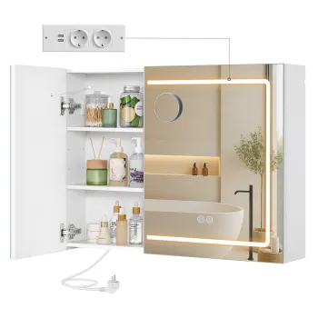 Dulap baie cu oglinda, Vasagle, iluminare LED, functie anti-aburire, prize, 80x16.5x75 cm, PAL/MDF, alb 5a89 imagine