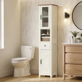Dulap baie inalt Vasagle Liry, cu sertar si rafturi, 33x31.5x171 cm, MDF/PAL, alb rustic/maro 6e3a imagine