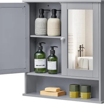 Dulap baie suspendat, Vasagle, cu oglinda si raft reglabil, 56.5x13x58.5 cm, MDF, gri eea8 imagine