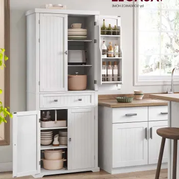 Dulap bucatarie, Vasagle, 2 corpuri, sertar si rafturi reglabile, 76x40x182.1 cm, MDF, alb 39b8 imagine