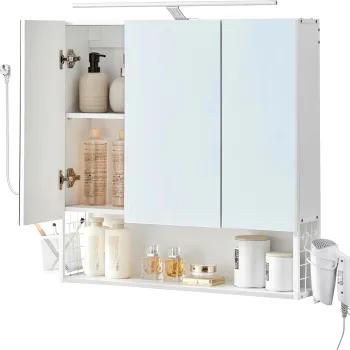 Dulap de baie cu oglinda si lampa LED, Vasagle, 70x16x70 cm, PAL/otel/sticla, alb fc68 imagine