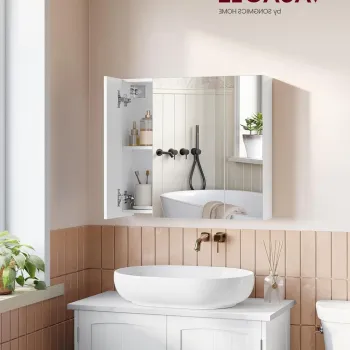 Dulap de baie cu oglinda,  Vasagle, 60x15x55 cm, montare pe perete, PAL/sticla, alb 8542 imagine