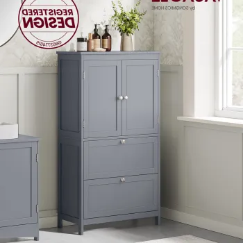 Dulap de baie cu raft reglabil si 2 sertare, Vasagle, 60x30x110 cm, MDF/PAL, gri dove 91db imagine