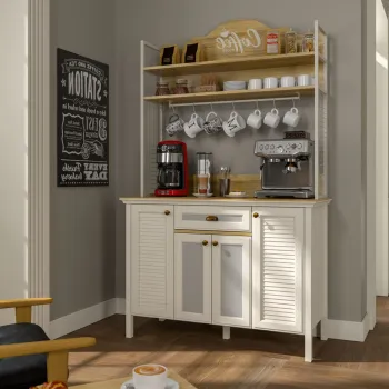 Dulap de bar pentru cafea, Hanah Home, FRN-21027-1, 125.4x210.3x52.1 cm, PAL, Crem / Stejar / Alb 734a imagine