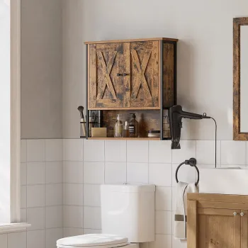 Dulap de perete cu 3 rafturi si suport uscator de par, Vasagle, 60x16x60 cm, PAL/otel, maro rustic e098 imagine