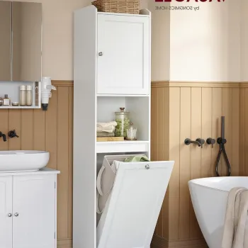 Dulap inalt de baie cu cos de rufe, Vasagle, 40x40x170 cm, MDF/poliester, alb nor 030a imagine