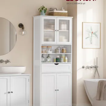 Dulap inalt de baie cu usi acrilice si sertar, Vasagle, 60x30x170 cm, MDF, alb 4036 imagine