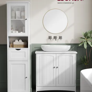 Dulap inalt si ingust pentru baie cu usa din sticla, Vasagle, 40x30x165 cm, PAL, alb d03f imagine