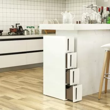 Dulap ingust cu roti / carucior depozitare Vasagle, 45 x 17 x 84 cm, 4 sertare, plastic, alb/maro 73b2 imagine