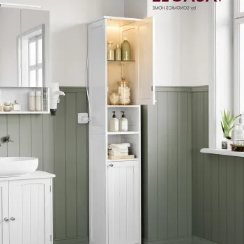 Dulap ingust pentru baie cu lumina integrata, Vasagle, 30x30x170 cm, MDF, alb cloud 12b2 imagine