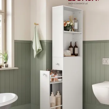 Dulap ingust pentru baie Slim, Vasagle, 40x18x134.4 cm, MDF, gri d3e3 imagine