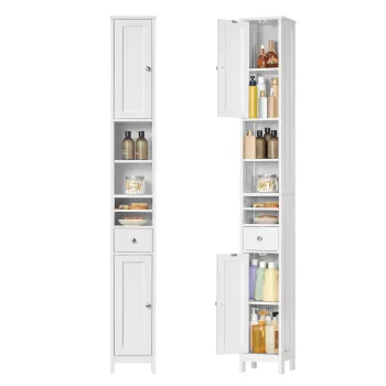Dulap ingust pentru baie, Vasagle, cu sertar si rafturi reglabile, 21.4x19.5x180 cm, MDF, alb 5d2f imagine