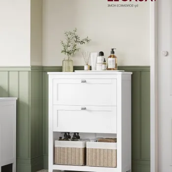 Dulap pentru baie cu 2 sertare si 2 cosuri, Vasagle, 60x30x80 cm, MDF, alb f7cb imagine