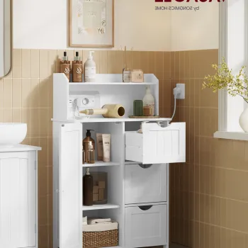 Dulap pentru baie cu priza si porturi USB, Vasagle, 60x30x100 cm, MDF, alb cloud 666e imagine