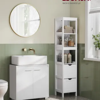 Dulap pentru baie / masca de lavoar, Vasagle, 60x30x60 cm, MDF/PAL, alb cloud 165f imagine