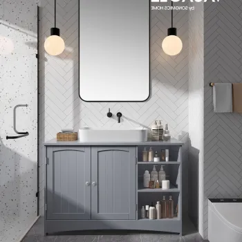 Dulap pentru baie / masca de lavoar Vasagle, cu raft deschis si dulap dublu, 90x30x60 cm, MDF, gri 956f imagine