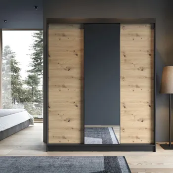 Dulap pentru haine cu oglinda ELTAP, Esville III, 180x60x220 cm, MDF/ABS, negru/stejar 9212 imagine