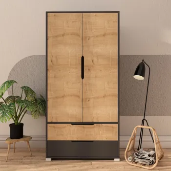 Dulap pentru haine, Hanah Home, Flora 90, 90x183x45 cm, PAL, Stejar antracit / safir 5cc8 imagine