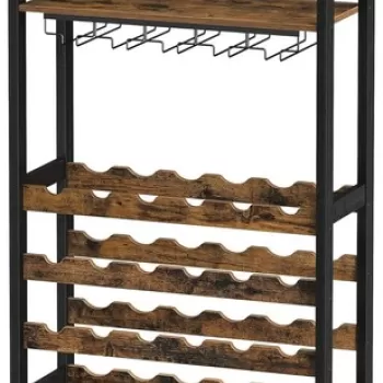Dulap pentru sticle de vin Songmics, 24 sticle, 66 x 30 x 100 cm, MDF/bambus/otel, maro rustic ae6e imagine