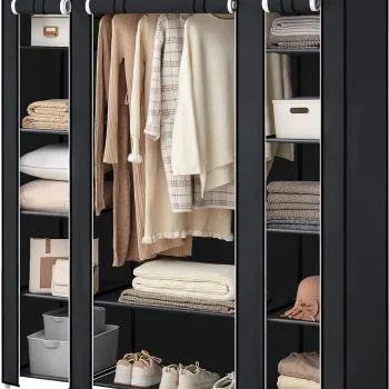 Dulap textil pentru haine Organiser, Vasagle, 150x45x175 cm, material netesut/otel, negru 2049 imagine