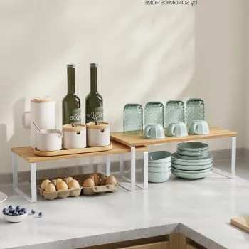 Set 2 organizatoare dulap bucatarie, Songmics, 39.7x19.5x15.8 cm, metal/lemn, alb/bej dc62 imagine