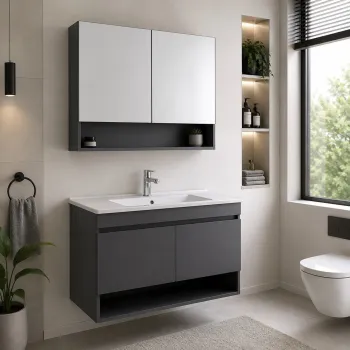 Set Dulap de Baie cu Chiuveta si Oglinda (2 Piese), Hanah Home, Compacta 100, Gri carbon inchis 4782 imagine