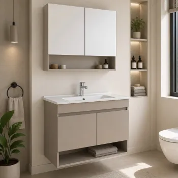 Set Dulap de Baie cu Chiuveta si Oglinda (2 Piese), Hanah Home, Compacta 100, Latte ae5f imagine