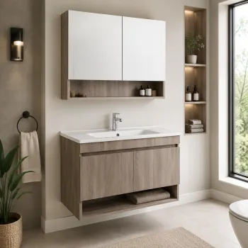 Set Dulap de Baie cu Chiuveta si Oglinda (2 Piese), Hanah Home, Compacta 100, Mesteacan musonic 5d99 imagine
