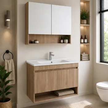 Set Dulap de Baie cu Chiuveta si Oglinda (2 Piese), Hanah Home, Compacta 100, Nuc deschis 9cc9 imagine