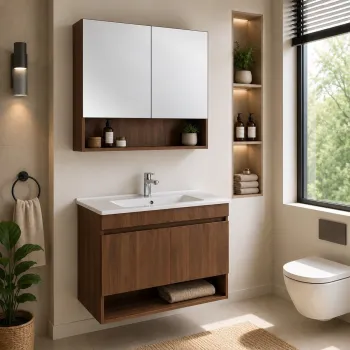 Set Dulap de Baie cu Chiuveta si Oglinda (2 Piese), Hanah Home, Compacta 100, Nuc inchis nou 7b21 imagine