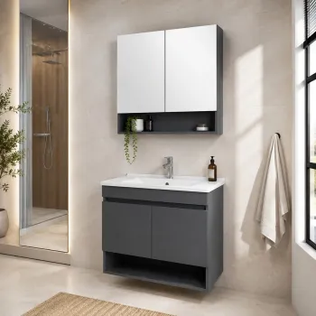 Set Dulap de Baie cu Chiuveta si Oglinda (2 Piese), Hanah Home, Compacta 60, Gri carbon inchis 0487 imagine