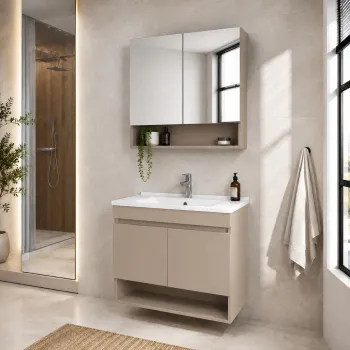 Set Dulap de Baie cu Chiuveta si Oglinda (2 Piese), Hanah Home, Compacta 60, Latte ce67 imagine