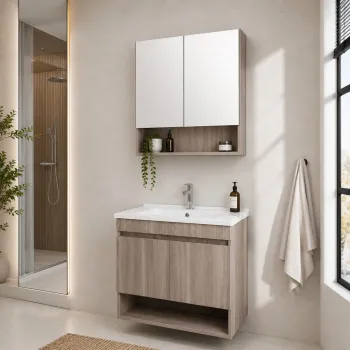 Set Dulap de Baie cu Chiuveta si Oglinda (2 Piese), Hanah Home, Compacta 60, Mesteacan musonic ceb9 imagine