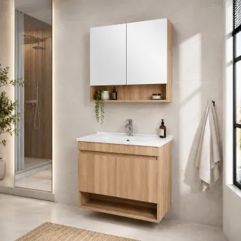 Set Dulap de Baie cu Chiuveta si Oglinda (2 Piese), Hanah Home, Compacta 60, Nuc deschis 3390 imagine