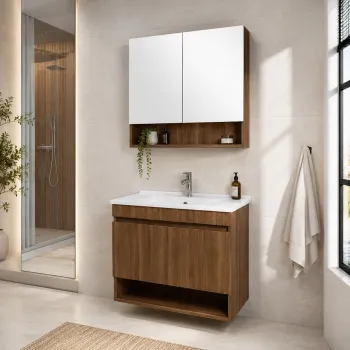 Set Dulap de Baie cu Chiuveta si Oglinda (2 Piese), Hanah Home, Compacta 60, Nuc inchis nou 4409 imagine