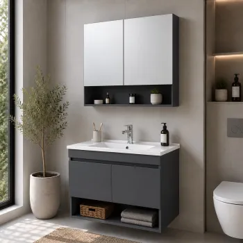 Set Dulap de Baie cu Chiuveta si Oglinda (2 Piese), Hanah Home, Compacta 80, Gri carbon inchis 5a2a imagine